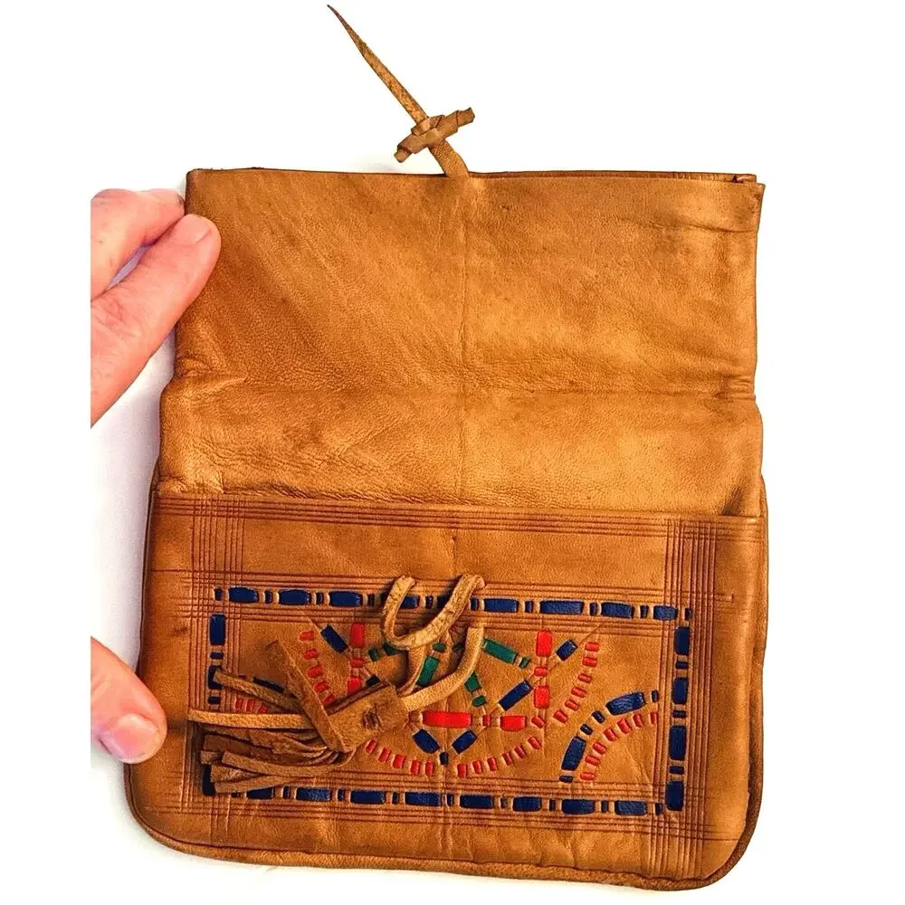 Handmade Morrocan Leather Mini Clutch Coin Purse Fold Over Tassel Toggle Closing